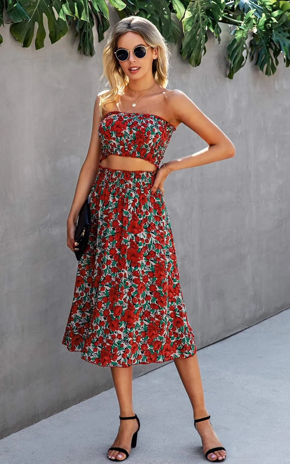 Angashion Women's Floral Crop Top Maxi Skirts Set 2 Piece Outfit Dress