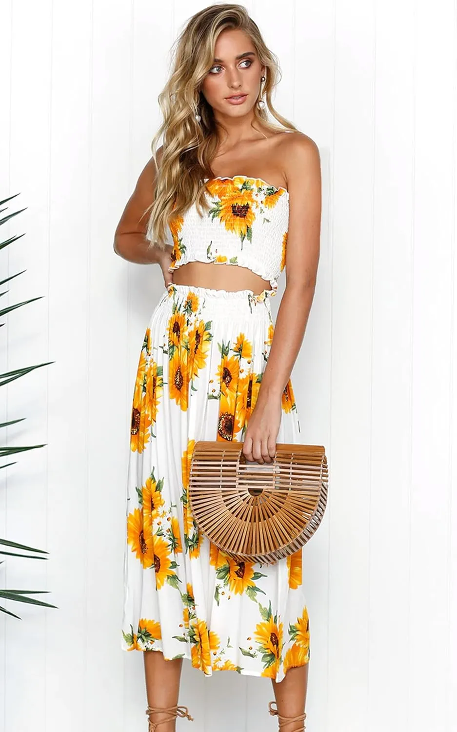 Angashion Women's Floral Crop Top Maxi Skirts Set 2 Piece Outfit Dress