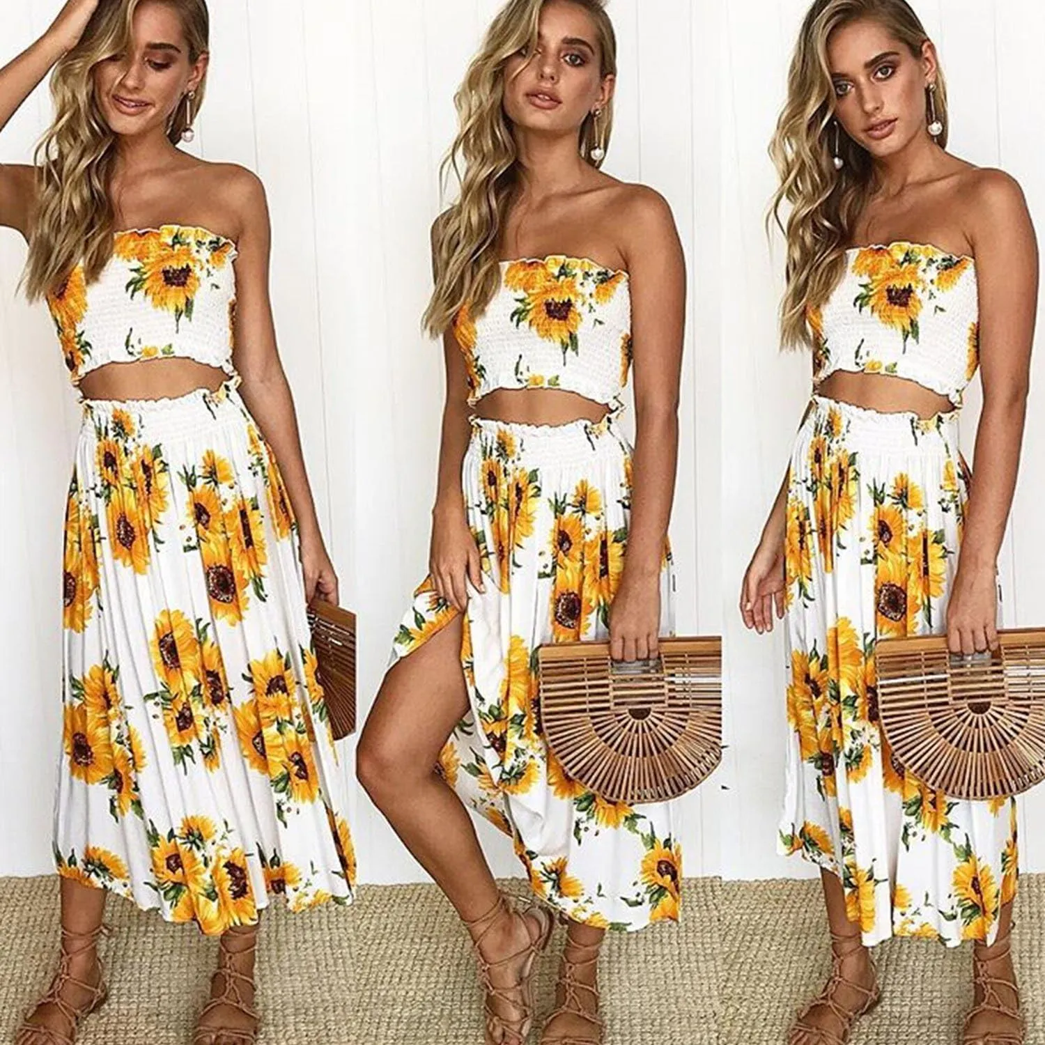 Angashion Women's Floral Crop Top Maxi Skirts Set 2 Piece Outfit Dress