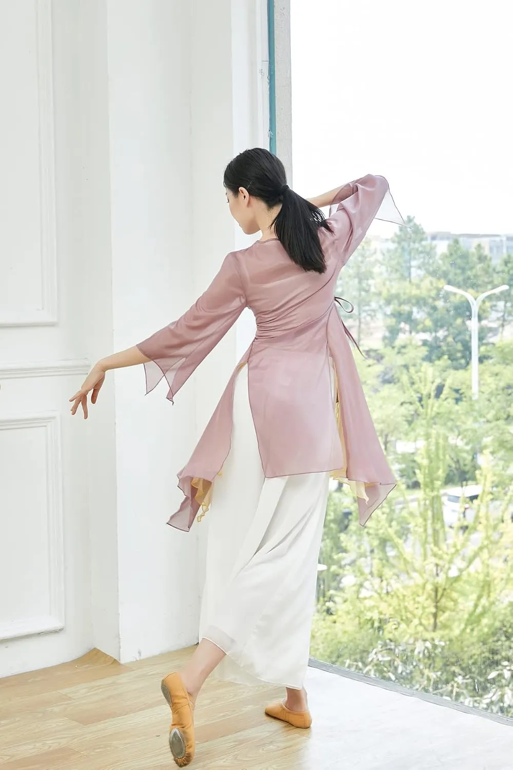 Angcoco Women's Chinese Traditional Slit Sleeves See-Through Chiffon Dance Cardigan Top