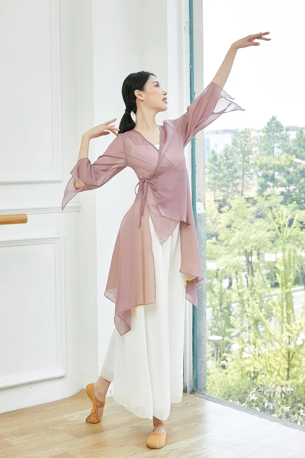 Angcoco Women's Chinese Traditional Slit Sleeves See-Through Chiffon Dance Cardigan Top