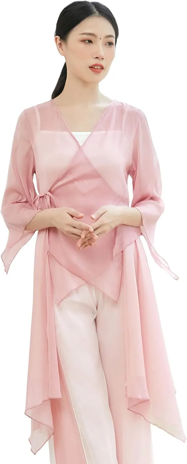 Angcoco Women's Chinese Traditional Slit Sleeves See-Through Chiffon Dance Cardigan Top