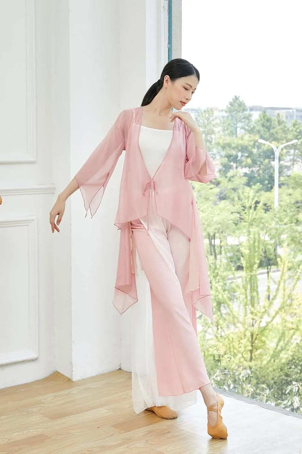 Angcoco Women's Chinese Traditional Slit Sleeves See-Through Chiffon Dance Cardigan Top