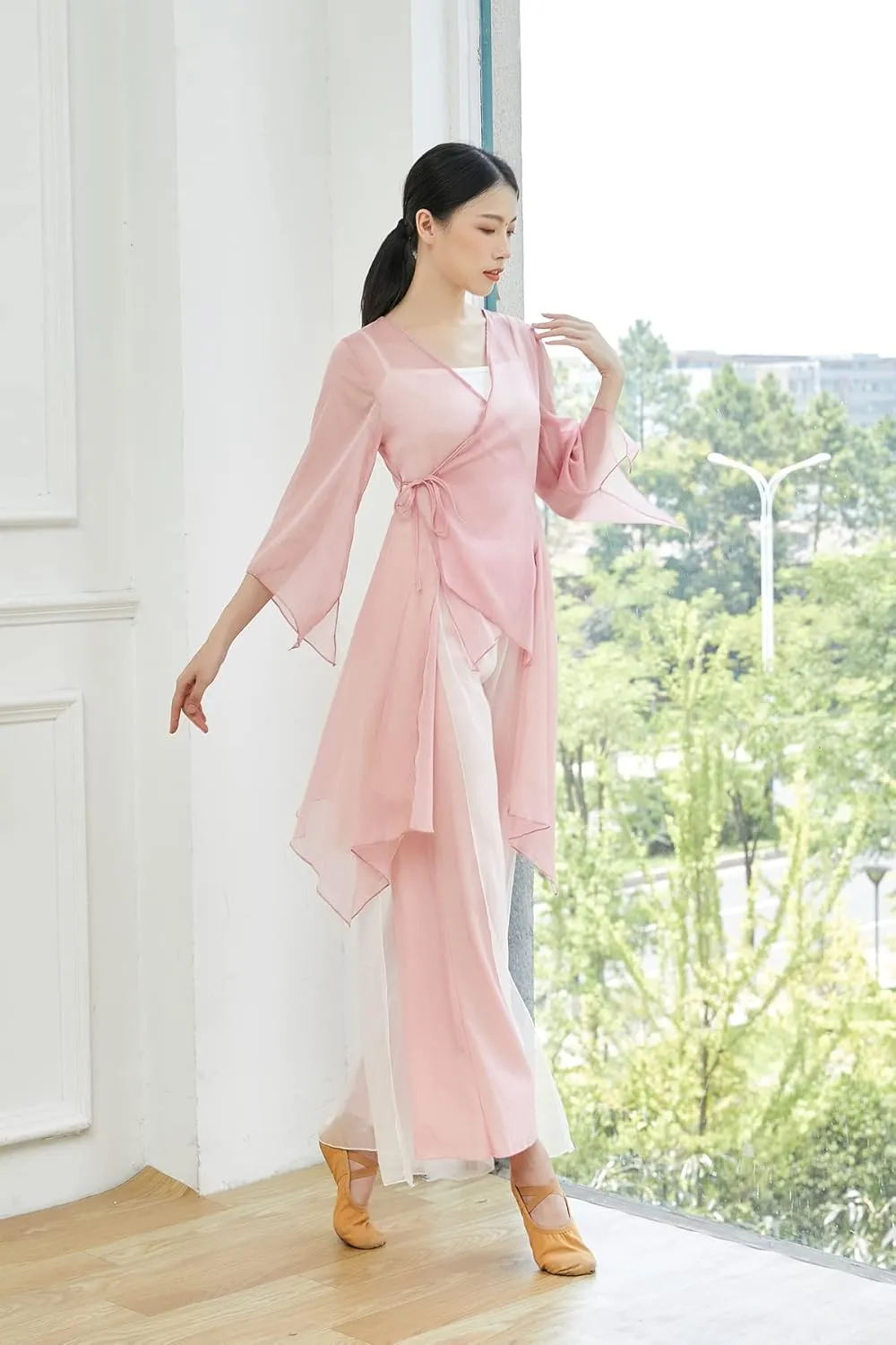 Angcoco Women's Chinese Traditional Slit Sleeves See-Through Chiffon Dance Cardigan Top