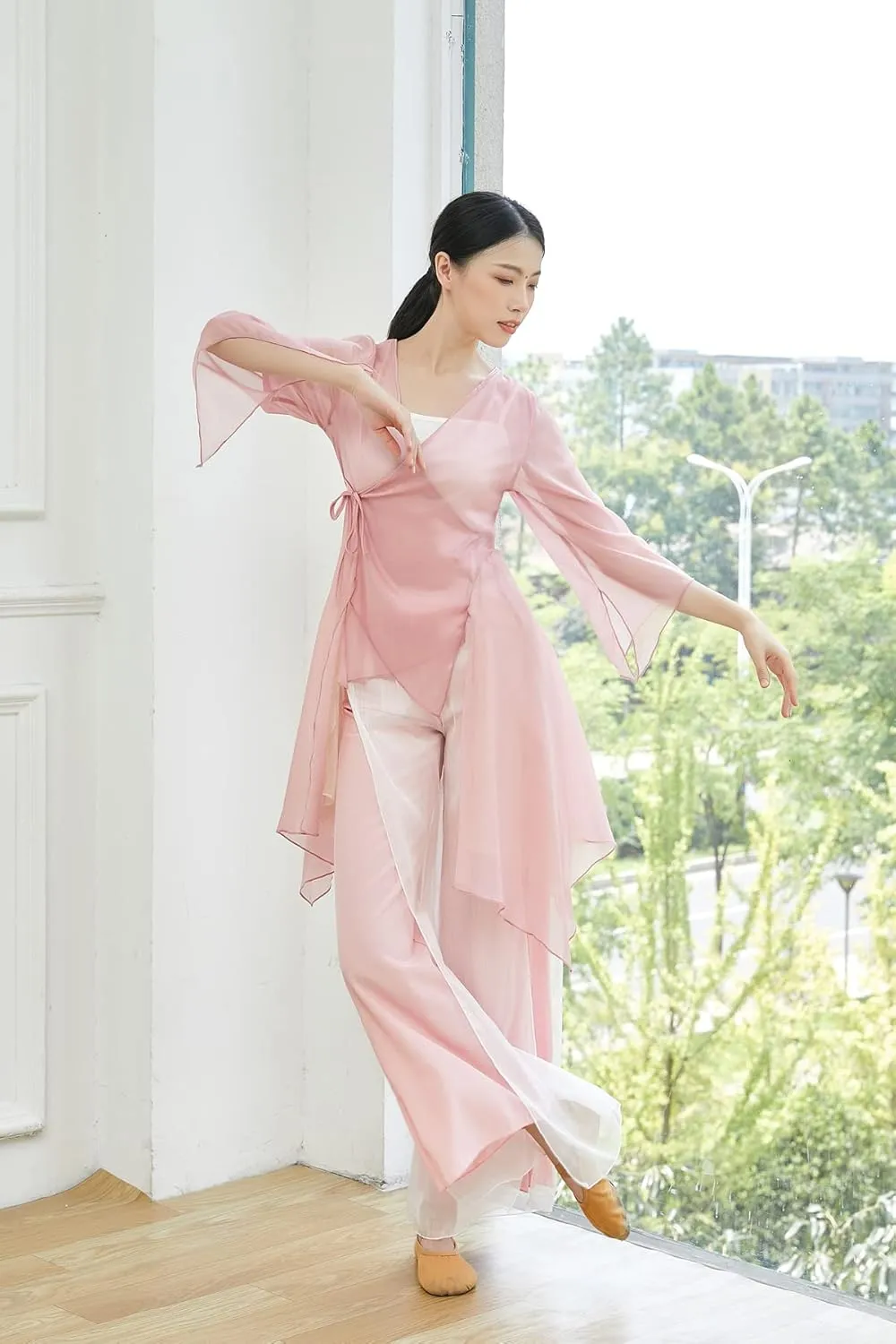Angcoco Women's Chinese Traditional Slit Sleeves See-Through Chiffon Dance Cardigan Top