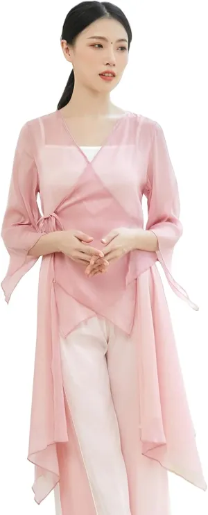 Angcoco Women's Chinese Traditional Slit Sleeves See-Through Chiffon Dance Cardigan Top