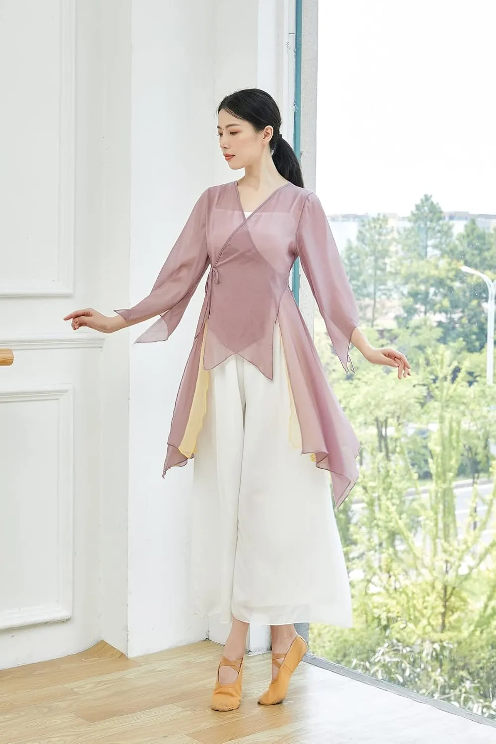 Angcoco Women's Chinese Traditional Slit Sleeves See-Through Chiffon Dance Cardigan Top