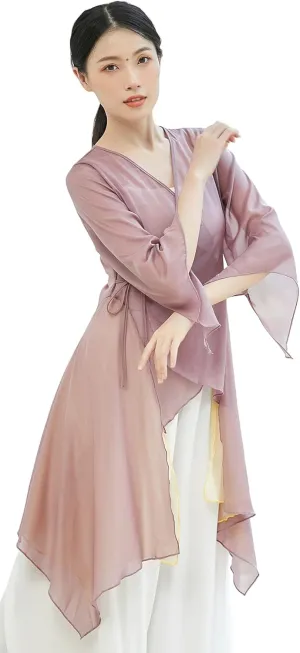 Angcoco Women's Chinese Traditional Slit Sleeves See-Through Chiffon Dance Cardigan Top