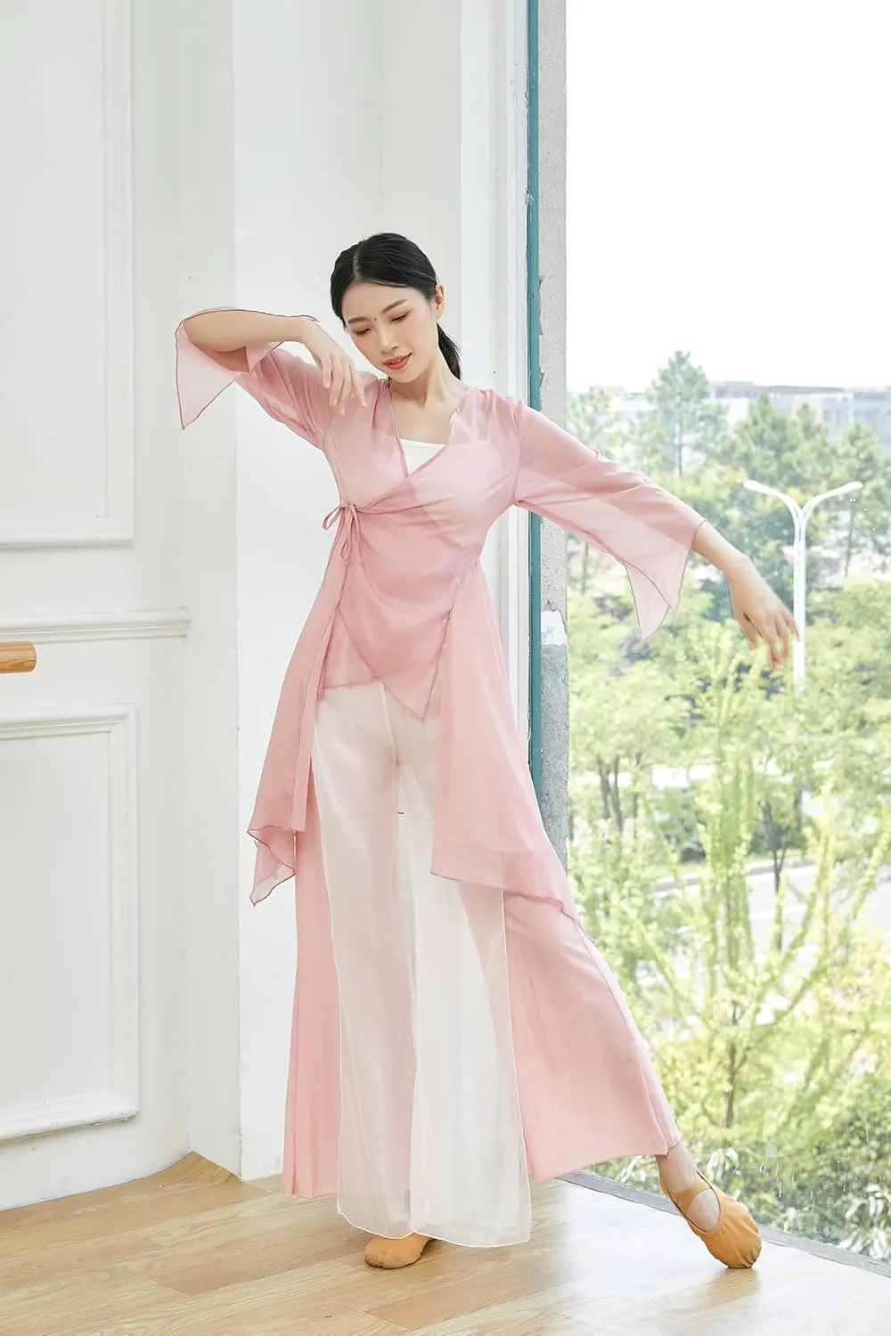 Angcoco Women's Chinese Traditional Slit Sleeves See-Through Chiffon Dance Cardigan Top