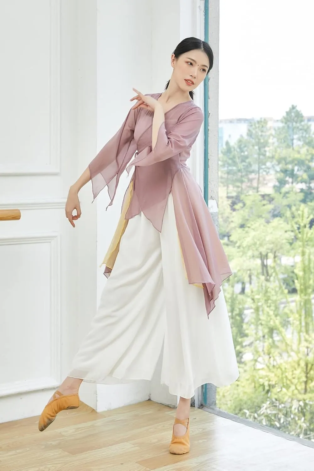 Angcoco Women's Chinese Traditional Slit Sleeves See-Through Chiffon Dance Cardigan Top