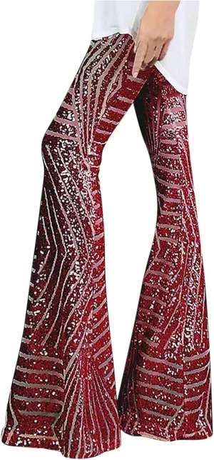 Anjikang Sequin Flare Pants for Women High Waist Wide Leg Straight Party Trousers Trendy Night Club Long Pants with Pockets