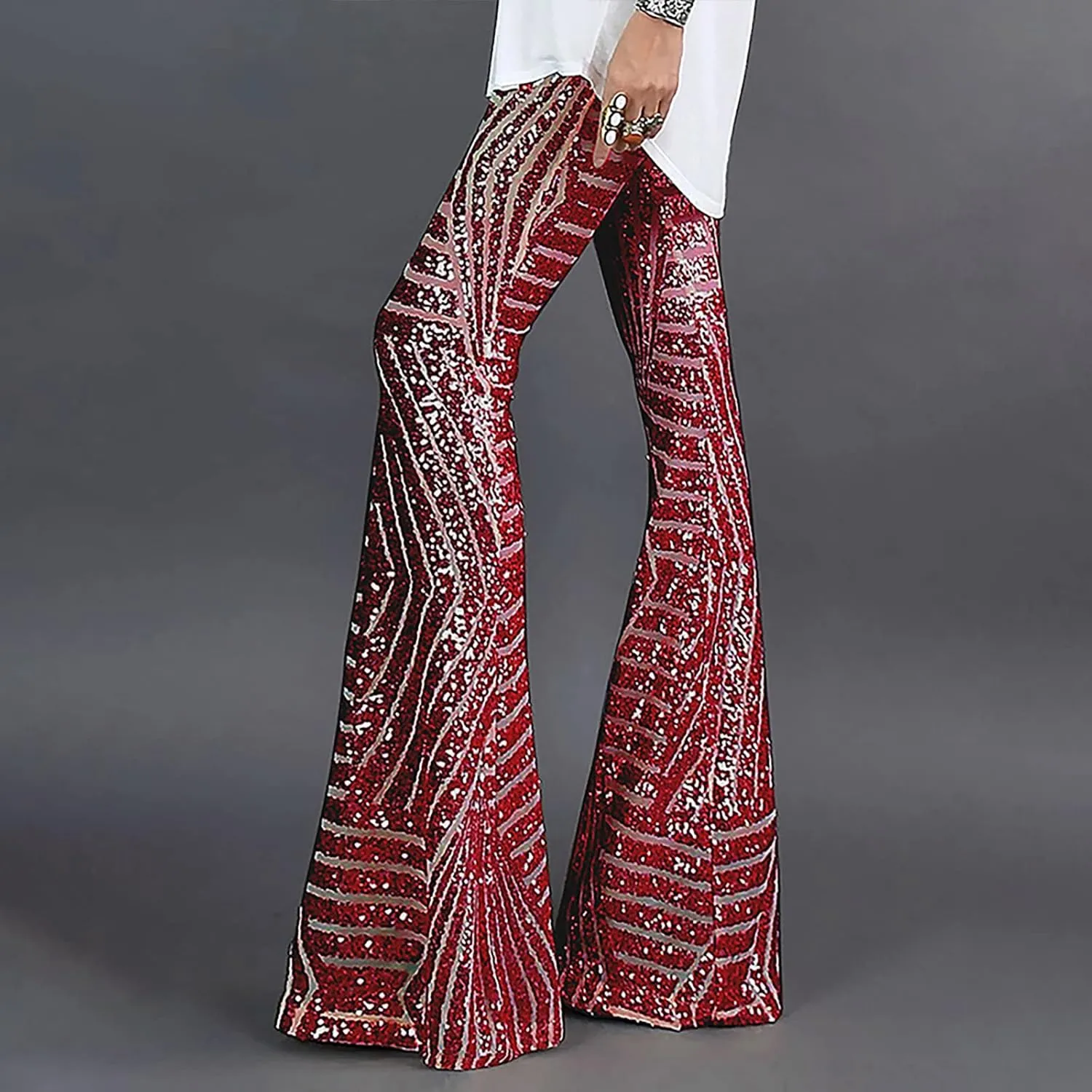 Anjikang Sequin Flare Pants for Women High Waist Wide Leg Straight Party Trousers Trendy Night Club Long Pants with Pockets