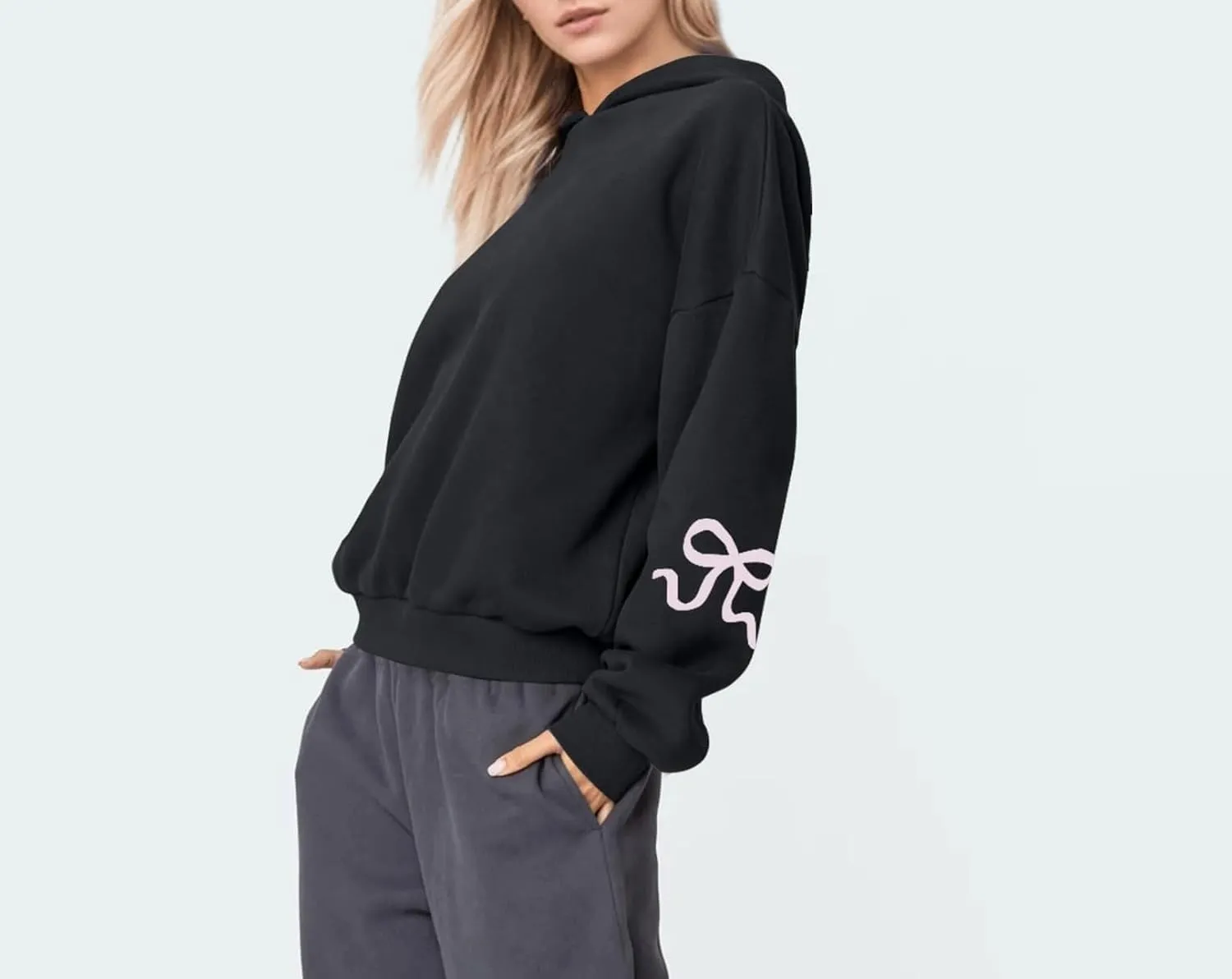 Aopwsrlyi Women's Cute Bow Hoodie Oversized Long Sleeve Fleece Hooded Sweatshirt Trendy Drop Shoulder Pullover Tops
