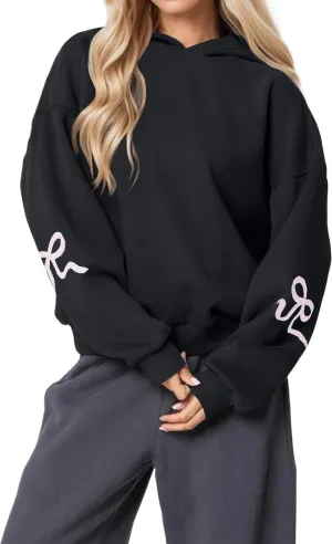 Aopwsrlyi Women's Cute Bow Hoodie Oversized Long Sleeve Fleece Hooded Sweatshirt Trendy Drop Shoulder Pullover Tops