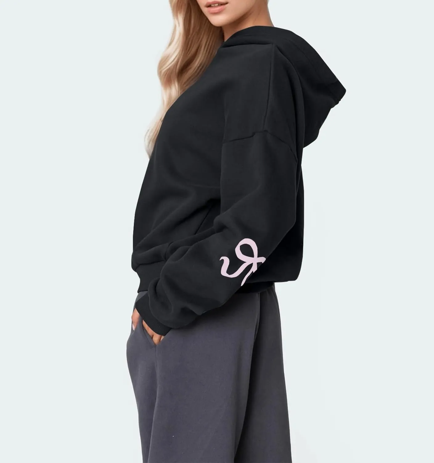 Aopwsrlyi Women's Cute Bow Hoodie Oversized Long Sleeve Fleece Hooded Sweatshirt Trendy Drop Shoulder Pullover Tops
