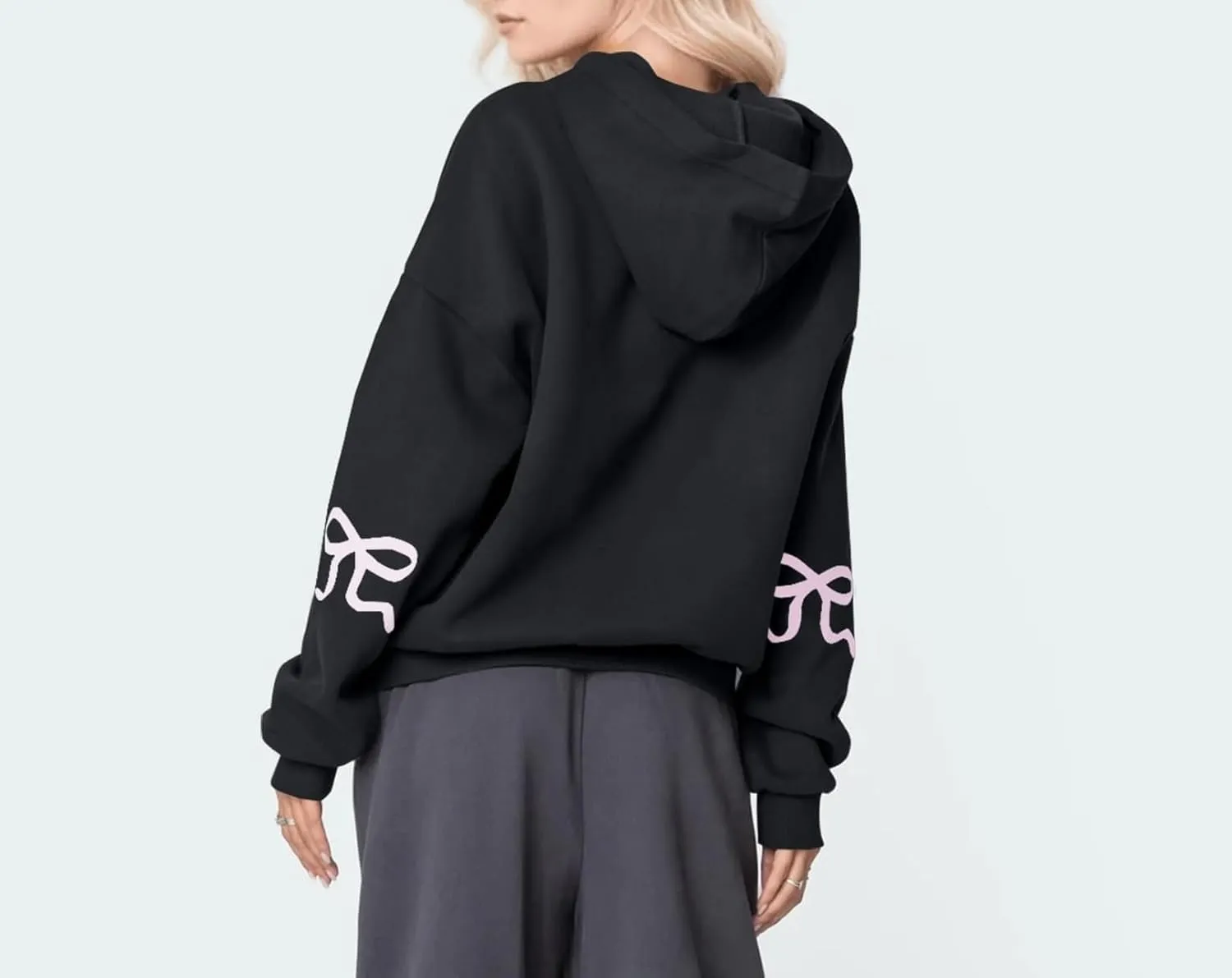 Aopwsrlyi Women's Cute Bow Hoodie Oversized Long Sleeve Fleece Hooded Sweatshirt Trendy Drop Shoulder Pullover Tops