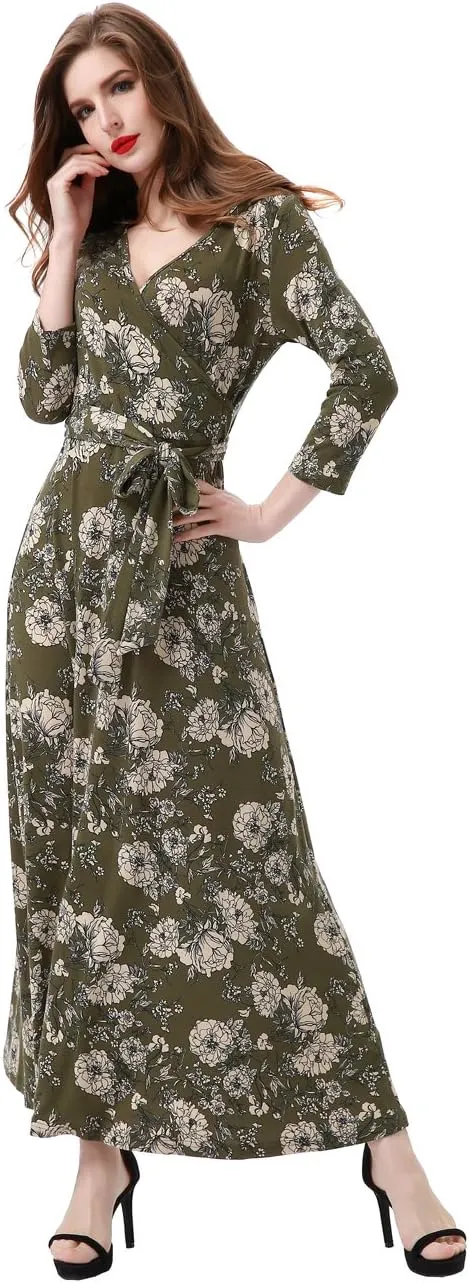 Aphratti Women's Maxi Dresses Summer 3/4 Sleeve V Neck Faux Wrap Flowy Spring Long Floral Maxi Dress