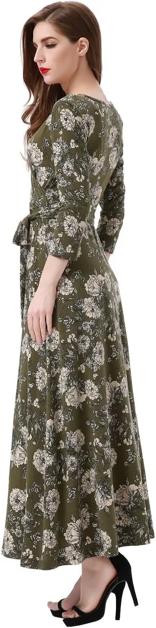 Aphratti Women's Maxi Dresses Summer 3/4 Sleeve V Neck Faux Wrap Flowy Spring Long Floral Maxi Dress