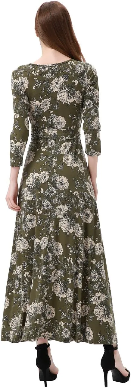 Aphratti Women's Maxi Dresses Summer 3/4 Sleeve V Neck Faux Wrap Flowy Spring Long Floral Maxi Dress