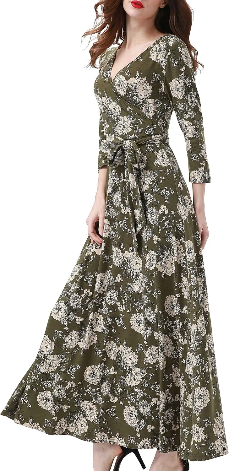 Aphratti Women's Maxi Dresses Summer 3/4 Sleeve V Neck Faux Wrap Flowy Spring Long Floral Maxi Dress