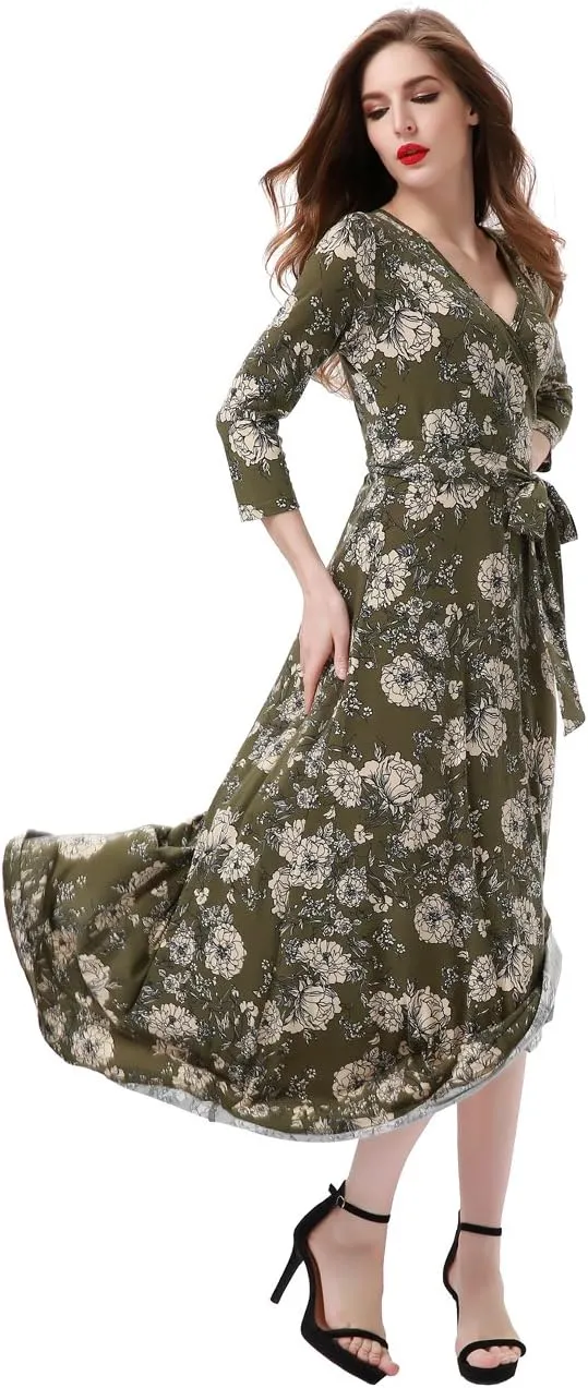 Aphratti Women's Maxi Dresses Summer 3/4 Sleeve V Neck Faux Wrap Flowy Spring Long Floral Maxi Dress