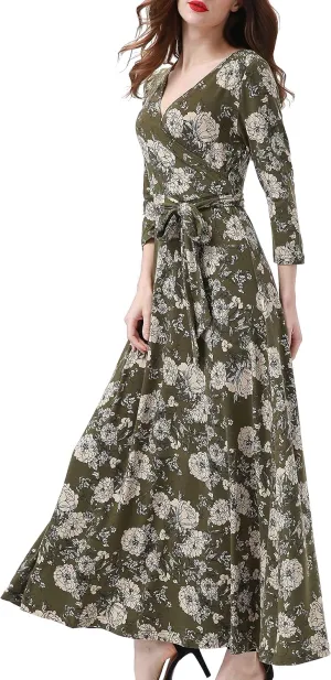 Aphratti Women's Maxi Dresses Summer 3/4 Sleeve V Neck Faux Wrap Flowy Spring Long Floral Maxi Dress