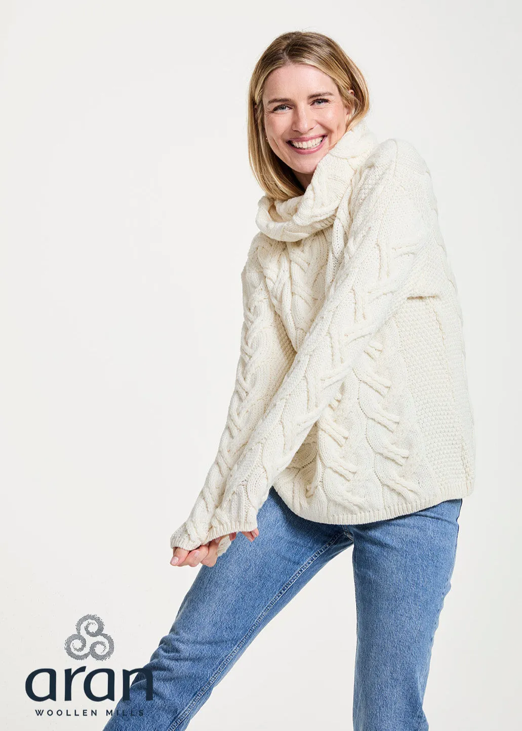 Aran Cowl Neck Chunky Sweater | Natural