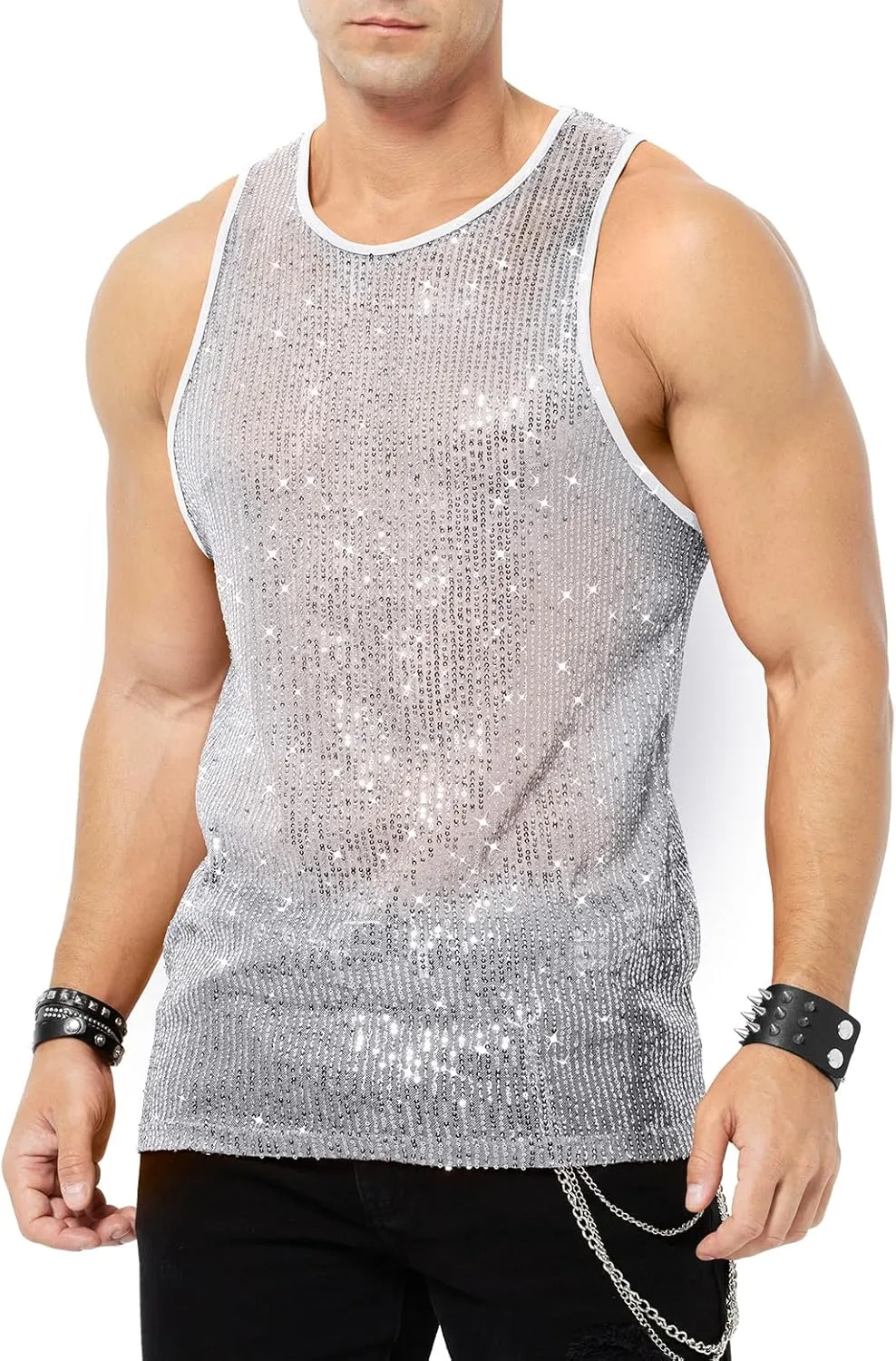 Arjen Kroos Men's Sexy Sparkly Tank Top See-Through Mesh Sequin Disco Vest