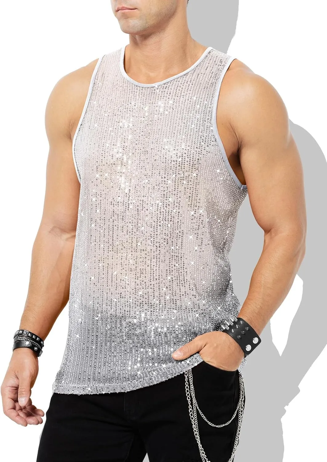 Arjen Kroos Men's Sexy Sparkly Tank Top See-Through Mesh Sequin Disco Vest