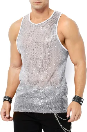 Arjen Kroos Men's Sexy Sparkly Tank Top See-Through Mesh Sequin Disco Vest