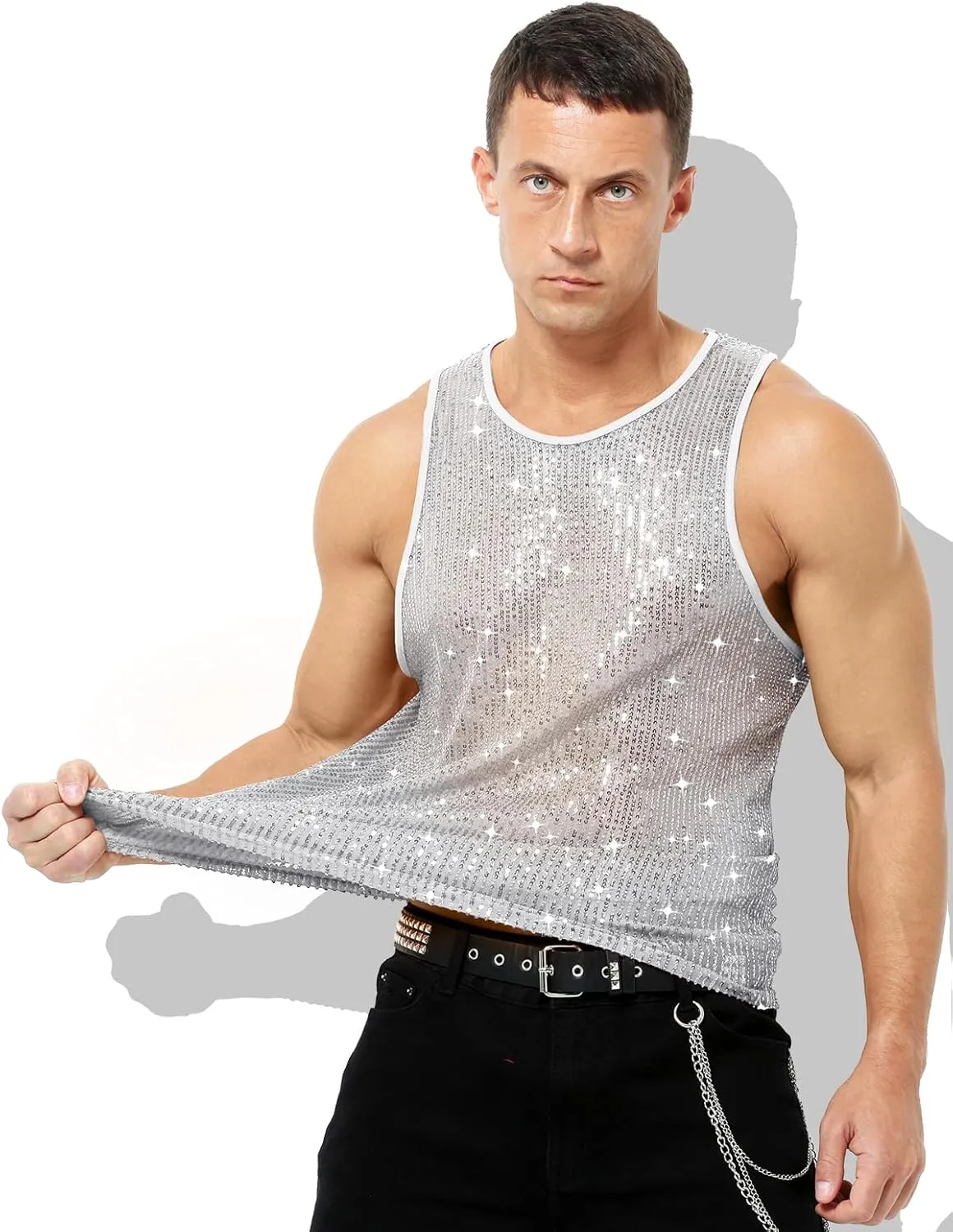 Arjen Kroos Men's Sexy Sparkly Tank Top See-Through Mesh Sequin Disco Vest