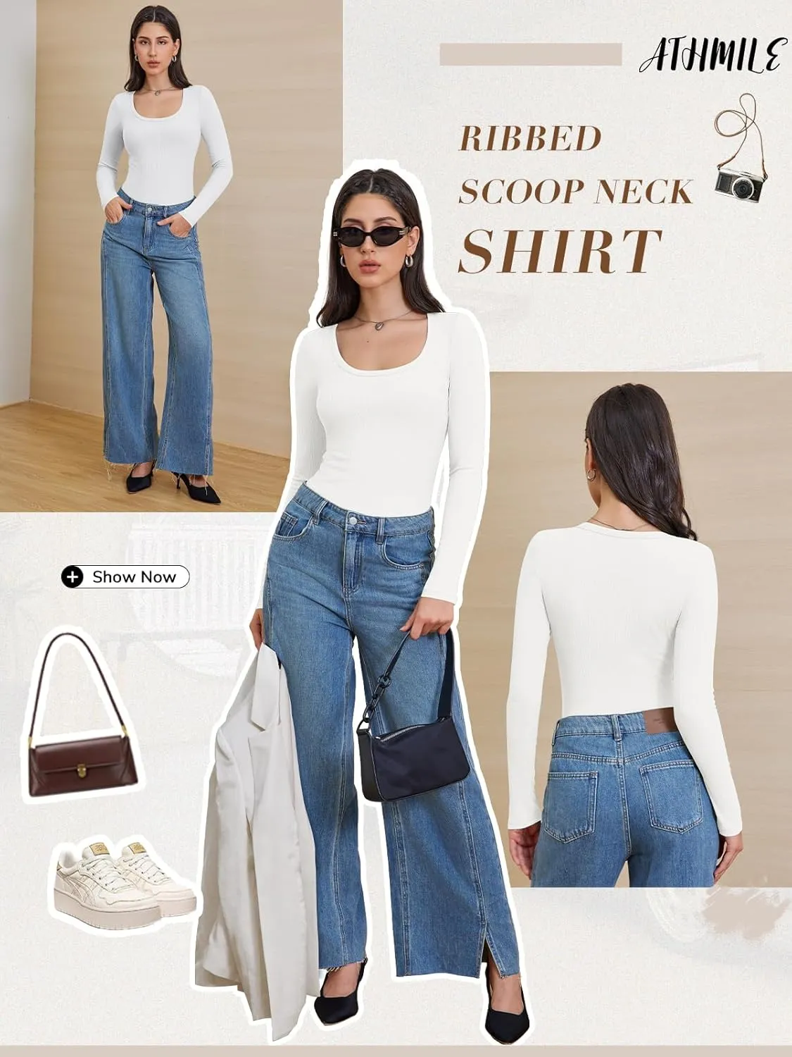 ATHMILE Womens Tops Ribbed Scoop Neck Knit Slim Fitted Casual Basic Tee Shirts for Women Fashion Trendy 2025