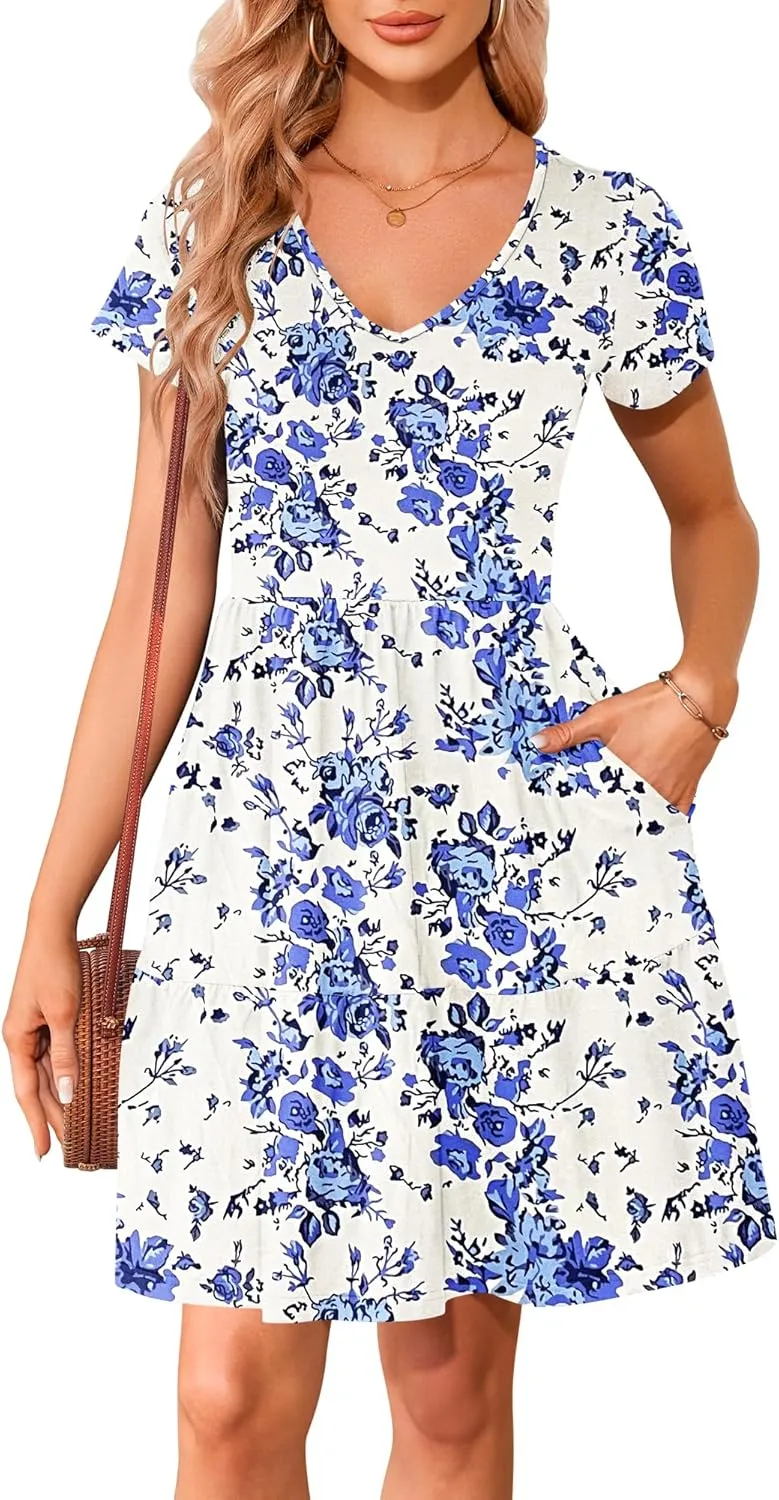 AUSELILY Women Summer Dress Casual Short Sleeve Sundress V Neck Floral Tiered Beach Dresses with Pockets