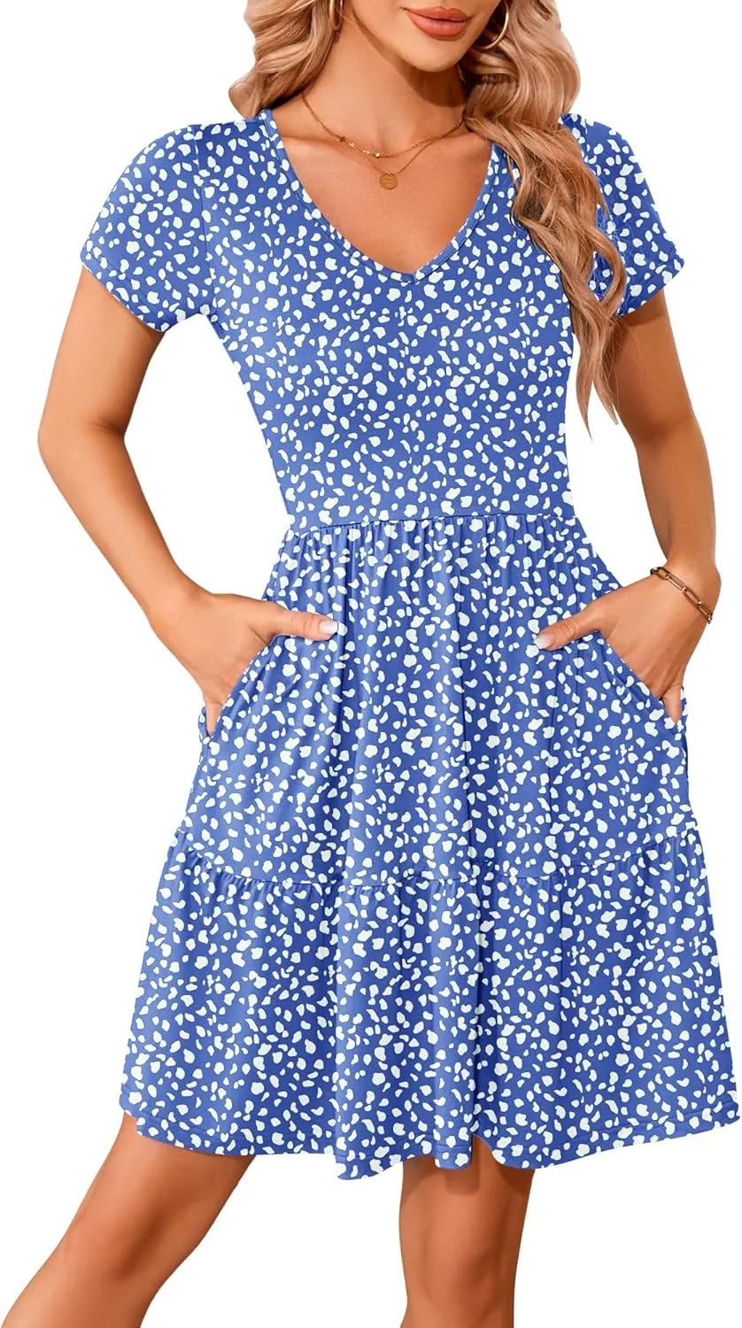 AUSELILY Women Summer Dress Casual Short Sleeve Sundress V Neck Floral Tiered Beach Dresses with Pockets