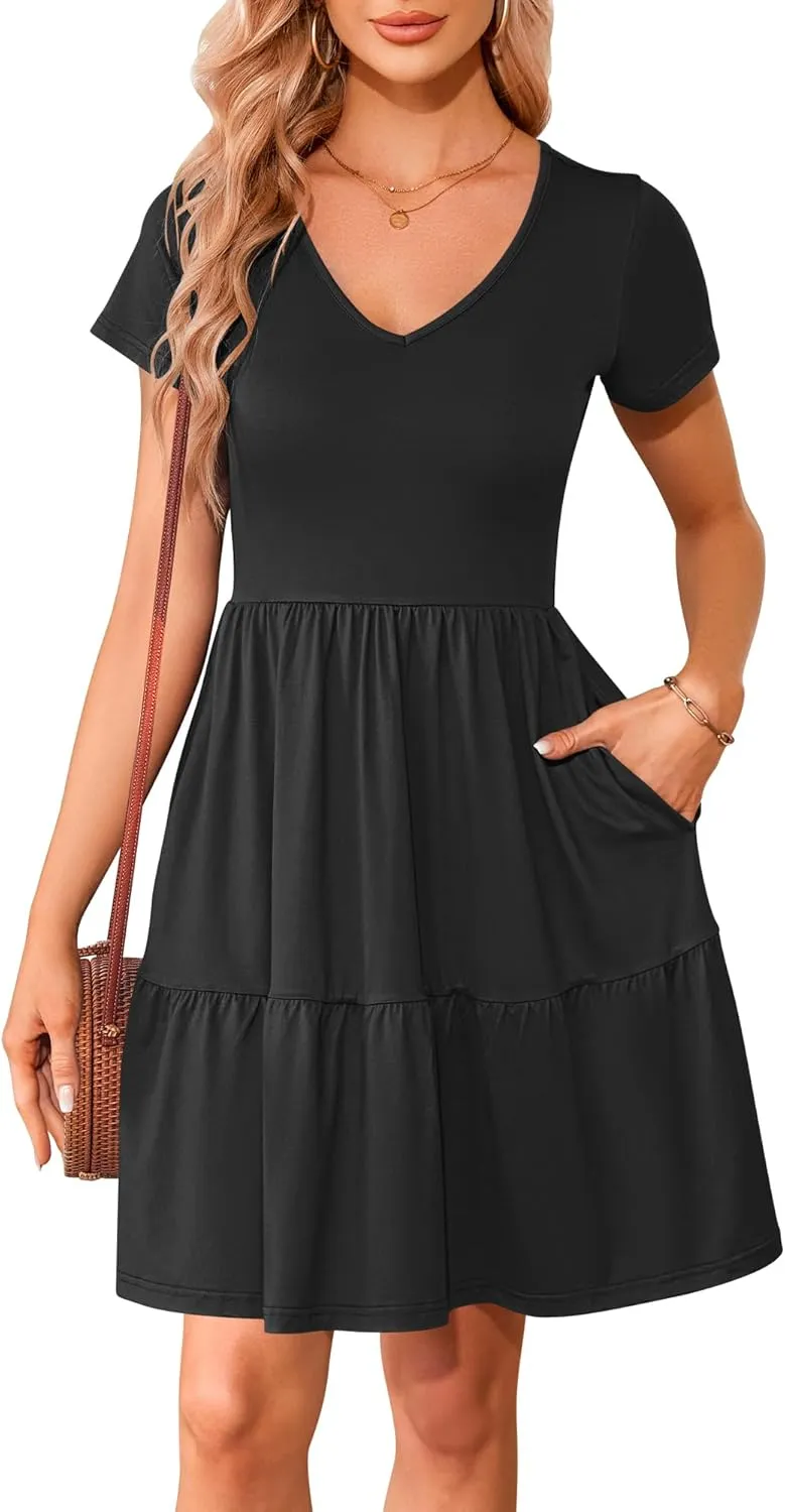 AUSELILY Women Summer Dress Casual Short Sleeve Sundress V Neck Floral Tiered Beach Dresses with Pockets