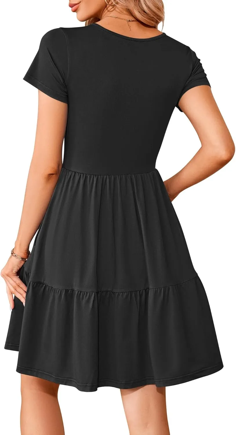 AUSELILY Women Summer Dress Casual Short Sleeve Sundress V Neck Floral Tiered Beach Dresses with Pockets