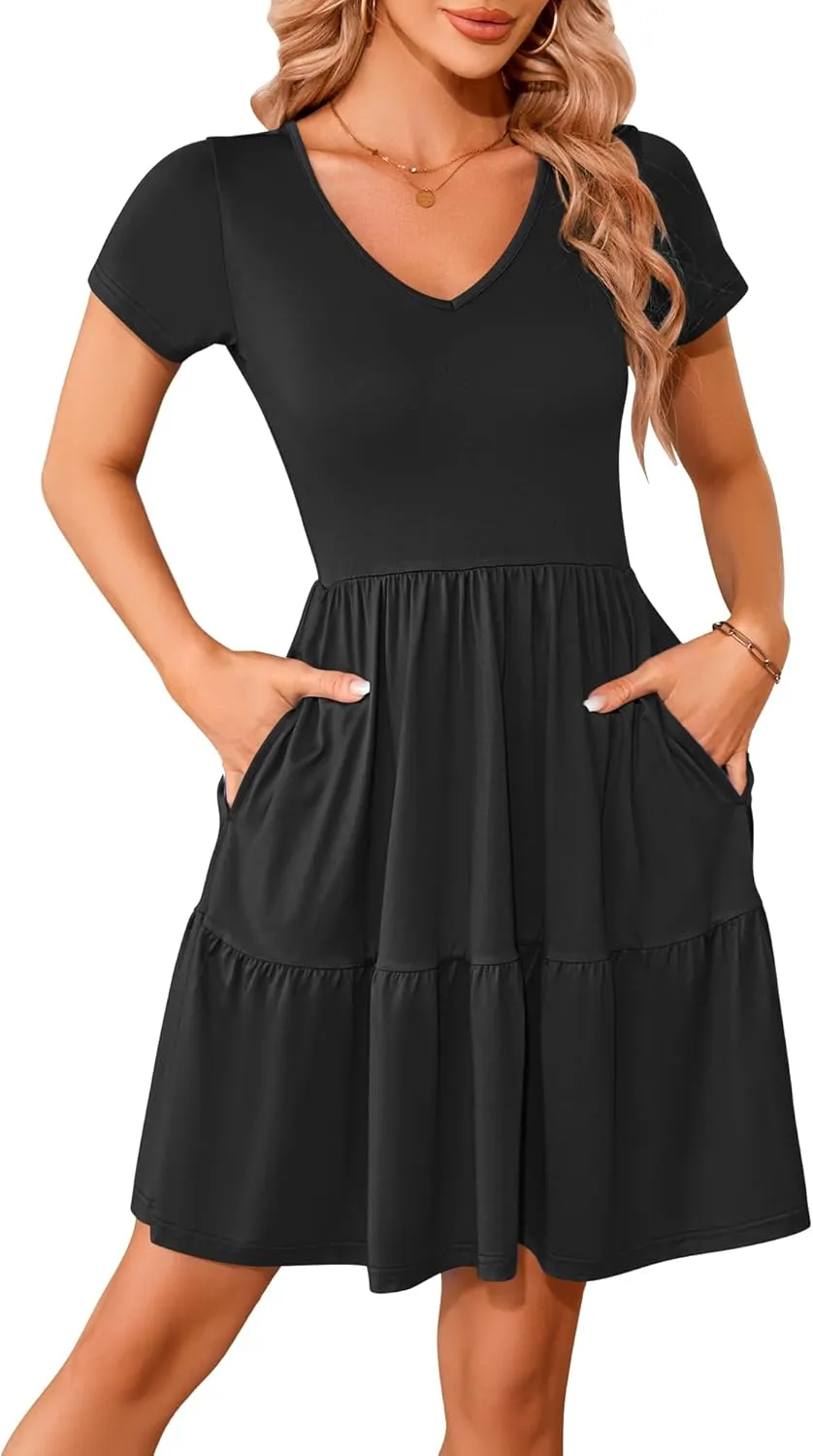 AUSELILY Women Summer Dress Casual Short Sleeve Sundress V Neck Floral Tiered Beach Dresses with Pockets