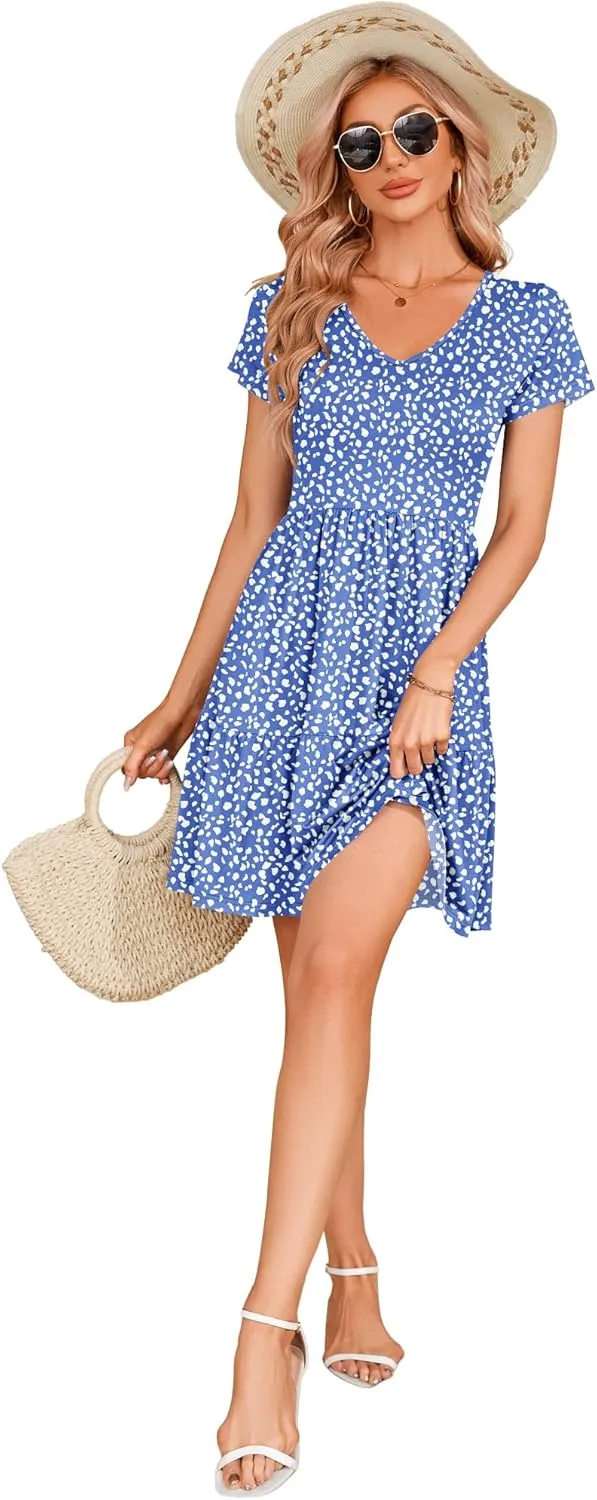 AUSELILY Women Summer Dress Casual Short Sleeve Sundress V Neck Floral Tiered Beach Dresses with Pockets