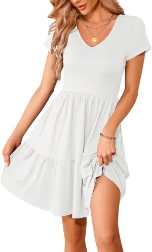 AUSELILY Women Summer Dress Casual Short Sleeve Sundress V Neck Floral Tiered Beach Dresses with Pockets