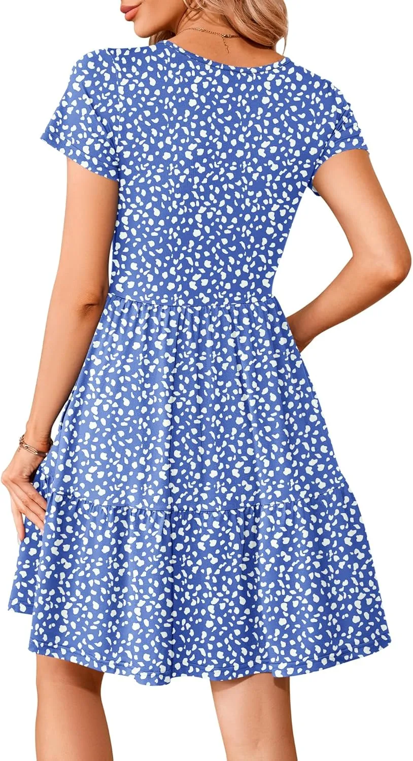 AUSELILY Women Summer Dress Casual Short Sleeve Sundress V Neck Floral Tiered Beach Dresses with Pockets