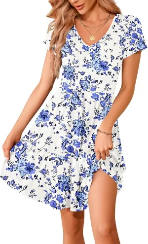 AUSELILY Women Summer Dress Casual Short Sleeve Sundress V Neck Floral Tiered Beach Dresses with Pockets
