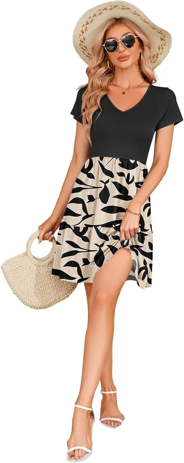 AUSELILY Women Summer Dress Casual Short Sleeve Sundress V Neck Floral Tiered Beach Dresses with Pockets