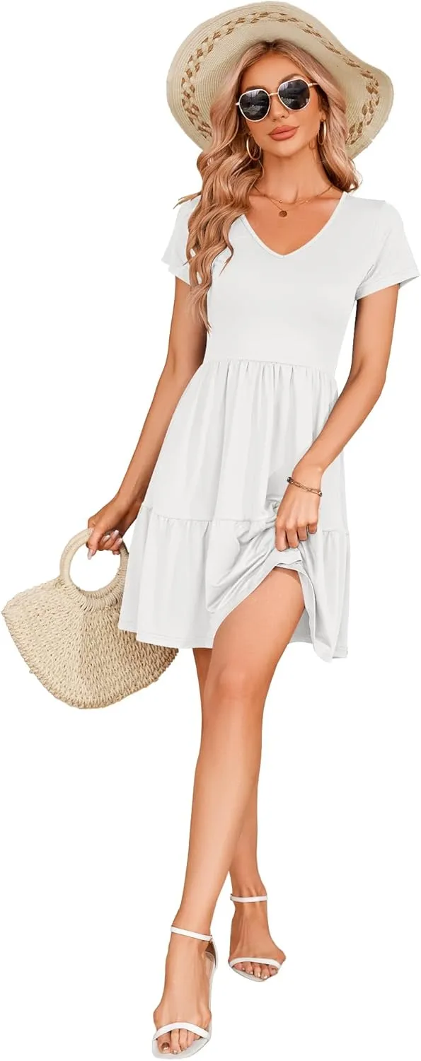AUSELILY Women Summer Dress Casual Short Sleeve Sundress V Neck Floral Tiered Beach Dresses with Pockets