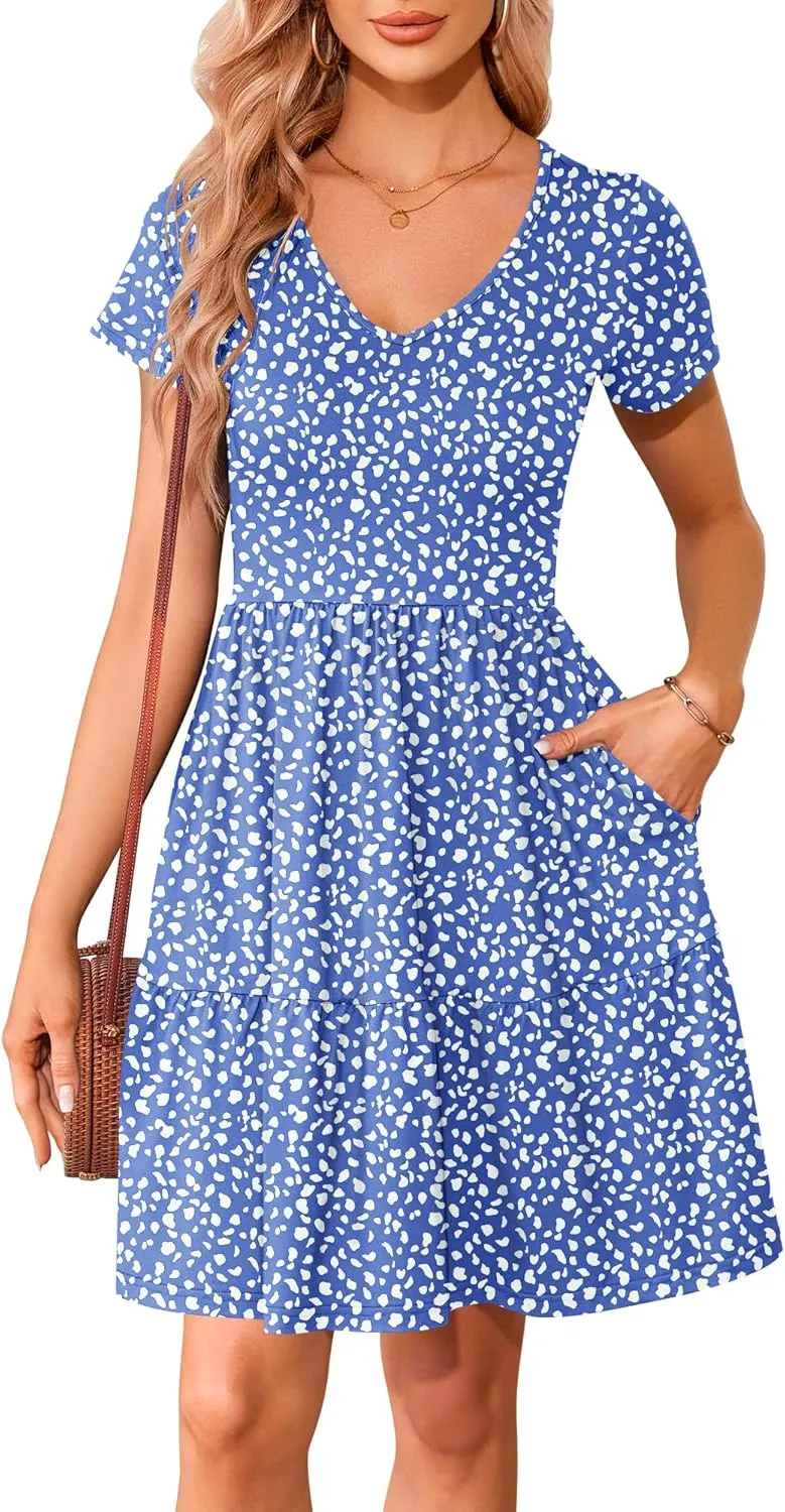 AUSELILY Women Summer Dress Casual Short Sleeve Sundress V Neck Floral Tiered Beach Dresses with Pockets