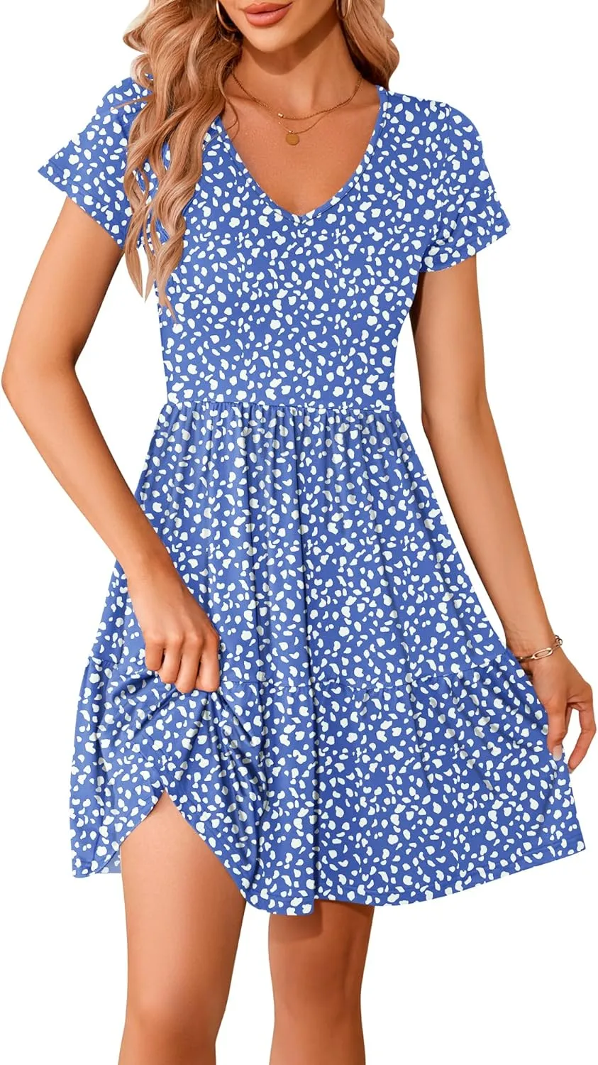 AUSELILY Women Summer Dress Casual Short Sleeve Sundress V Neck Floral Tiered Beach Dresses with Pockets