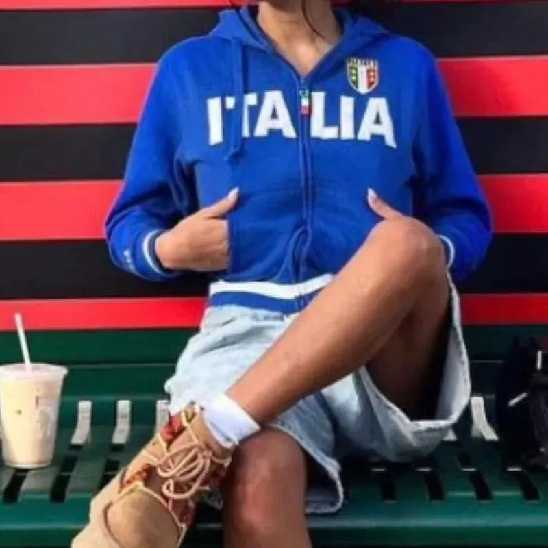 Back To School Sonicelife Aesthetic Vintage Embroidery Letter Goth Slim Hoodies Women Blue Zip Up Sweatshirt Female Harajuku Cropped Jacket Y2K Streetwear