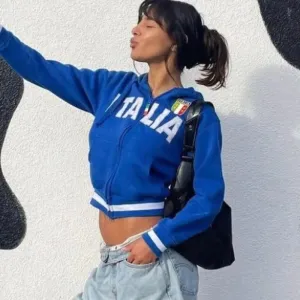 Back To School Sonicelife Aesthetic Vintage Embroidery Letter Goth Slim Hoodies Women Blue Zip Up Sweatshirt Female Harajuku Cropped Jacket Y2K Streetwear