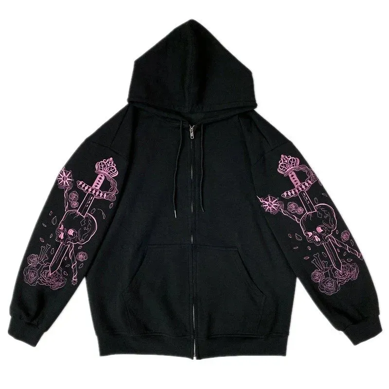Back To School Sonicelife Harajuku Solid Color Retro Zip-up Y2K Anime Gothic Hoodies Korean Style Loose Skull Print Goth Grunge Long-sleeved Hooded Coats