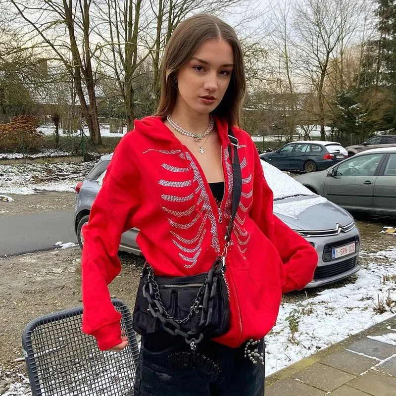 Back To School Sonicelife Harajuku Solid Color Retro Zip-up Y2K Anime Gothic Hoodies Korean Style Loose Skull Print Goth Grunge Long-sleeved Hooded Coats