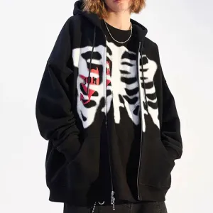 Back To School Sonicelife Harajuku Solid Color Retro Zip-up Y2K Anime Gothic Hoodies Korean Style Loose Skull Print Goth Grunge Long-sleeved Hooded Coats